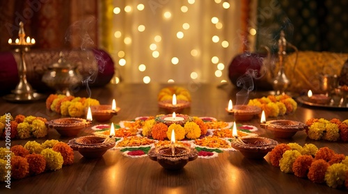 Festive Diwali Greeting with Clay Diyas and Rangoli