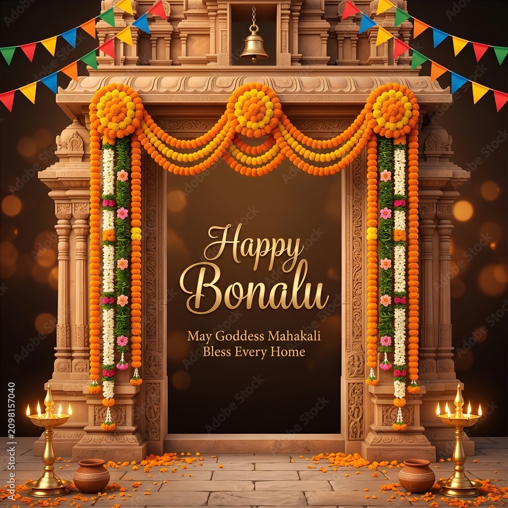 Fototapeta premium Traditional Bonalu Temple Entrance Decorative Greeting Card Background