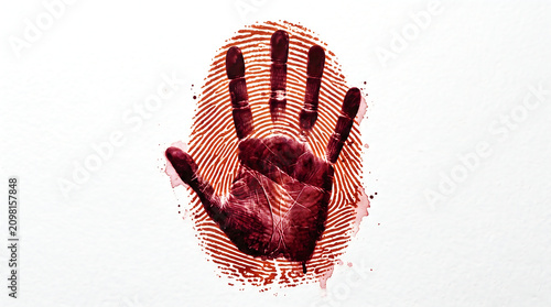 Bloody Handprint and Fingerprint Forensic Concept on White