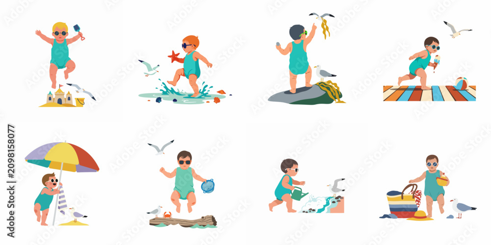 Fototapeta premium Collection of flat vector illustrations depicting a cute toddler enjoying summer beach activities like building sandcastles, eating ice cream, and playing with seagulls.