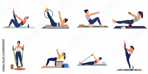 Collection of illustrations showing women practicing pilates and various fitness exercises using equipment like rings, balls, and resistance bands.
