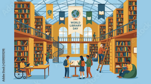 Illustration vectorielle d'une grande bibliothèque publique moderne avec des lecteurs et des étagères remplies de livres.