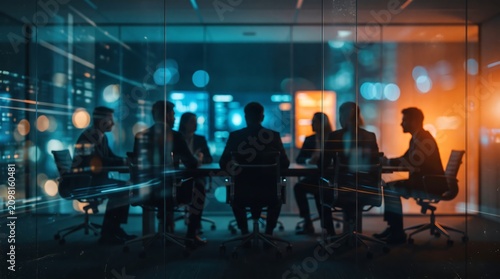 Abstract silhouettes of business people in a meeting room with a modern, tech-infused atmosphere. Concept for corporate strategy, global networking and futuristic collaboration