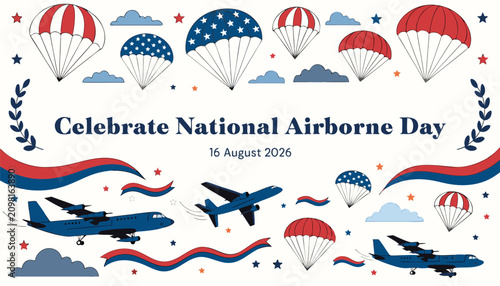 Decorative patriotic illustration celebrating National Airborne Day with flying military parachutes