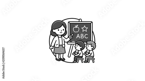 Bild auf Leinwand Teacher Instructing Children ABCs on Blackboard, Kindergarten Education Concept