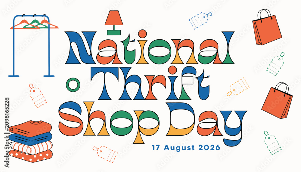 Obraz premium Colorful typography design celebrating the annual national thrift shop day event