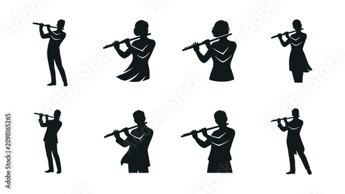Photography Flute Player Silhouettes: Diverse Poses of Musicians Performing Music