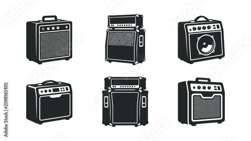 Bild auf Leinwand Vintage Guitar Amplifier Icons Set - Retro Music Equipment Vector Art