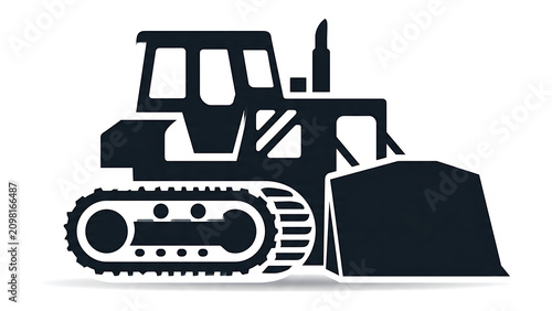 A minimalist black and white flat vector icon of a construction bulldozer with tracks and front blade isolated on a white background.