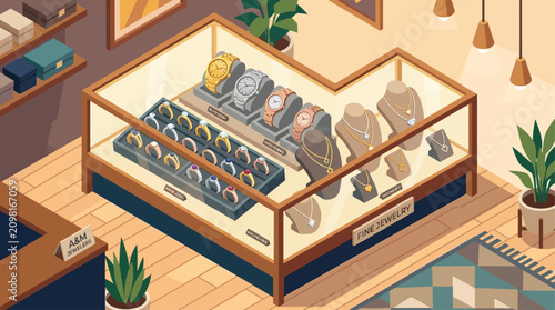 Photos Jewelry store interior features a glass display case filled with watches and necklaces arranged neatly on velvet stands for customers to browse