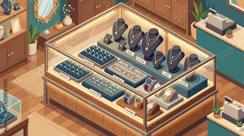 Foto Jewelry store showcases an array of gold necklaces, diamond rings, and luxury watches inside a glass display case within a boutique environment