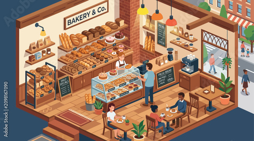 Photos Bakery storefront shows a bustling environment with patrons buying bread and enjoying refreshments