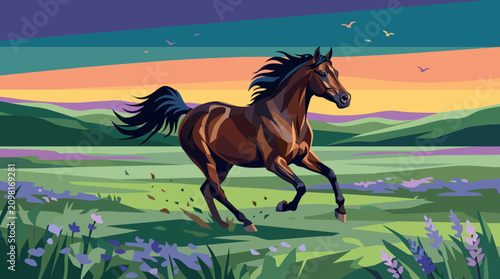 Konstfotografi Powerful Arabian horse galloping across an open meadow, flowing mane, muscular b