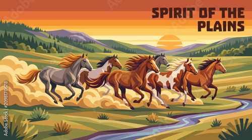 Photos Majestic wild horses running across vast grasslands, flowing manes, synchronized