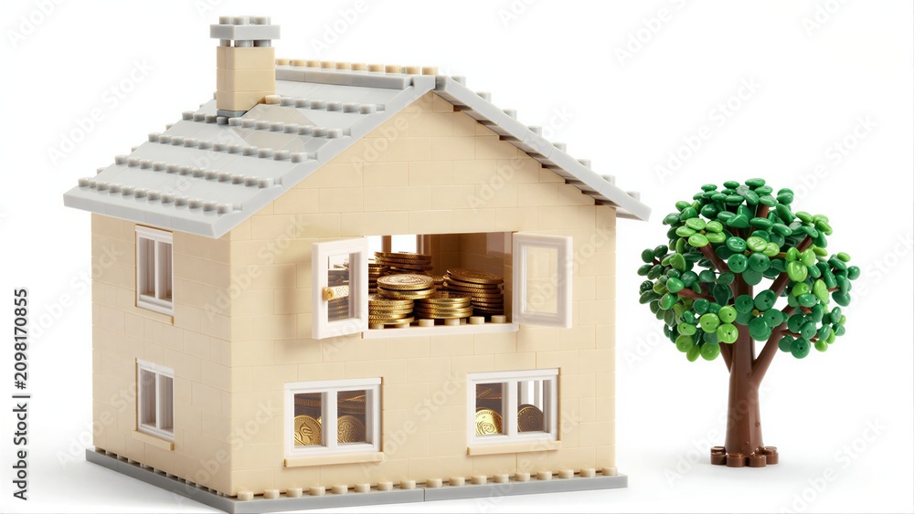 Fototapeta premium Lego house filled with gold coins, beside a green tree.