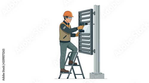 Construction worker on ladder installing metal frame with electric drill
