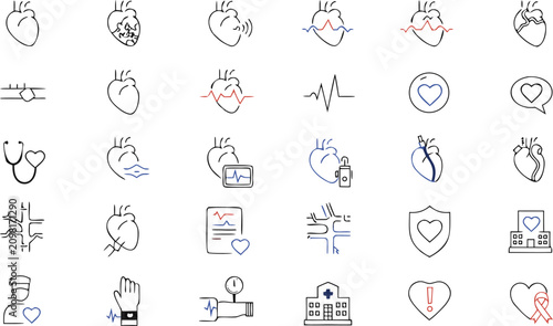 Heart Cardiology Icon Set with Cardiogram Pulse Stethoscope and Cardiac Monitoring Vector