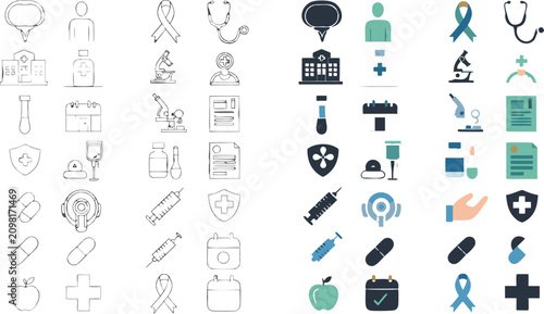 Cancer Awareness Icon Set in Outline and Color with Ribbon Hospital and Treatment Vector
