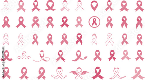 Pink Ribbon Icon Set for Breast Cancer Awareness Month with Various Ribbon Shapes Vector