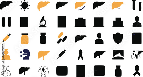 Liver Health Icon Set with Hepatitis Awareness Ribbon and Medical Checkup Symbols Vector