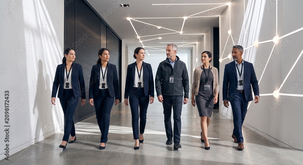 Fototapeta premium Cyber Resilience Team Moving Through Secure Corridor Under Network Lights