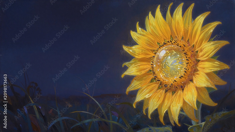 Obraz premium Golden sunflower glows with inner light against dark, mysterious night sky.