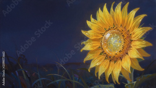 Golden sunflower glows with inner light against dark, mysterious night sky.