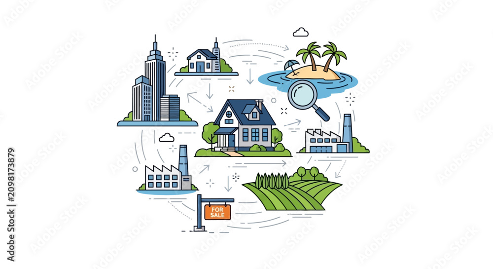 Fototapeta premium A circular diagram shows various types of real estate properties