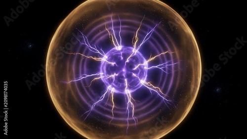 Plasma energy ball pulsing with electric lightning bolts on dark space background for science and technology intro