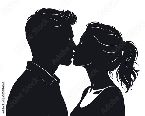 Romantic bisous vector silhouette of a loving couple profile portrait. Detailed black and white side view of man and woman kissing for valentine day, wedding or engagement design.