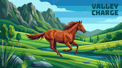 Tableau sur toile Strong racing horse charging through a green valley, flowing mane, athletic phys