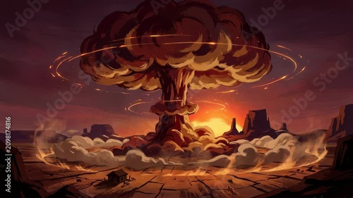 Animated nuclear mushroom cloud explosion rising over desert landscape for apocalyptic and war content