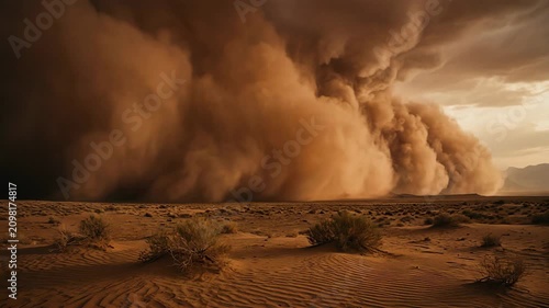 Massive sandstorm rolling across desert landscape for dramatic weather and climate content
