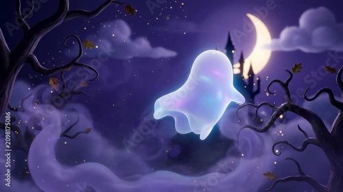 Cute ghost floating through haunted Halloween night scene in animated fantasy style