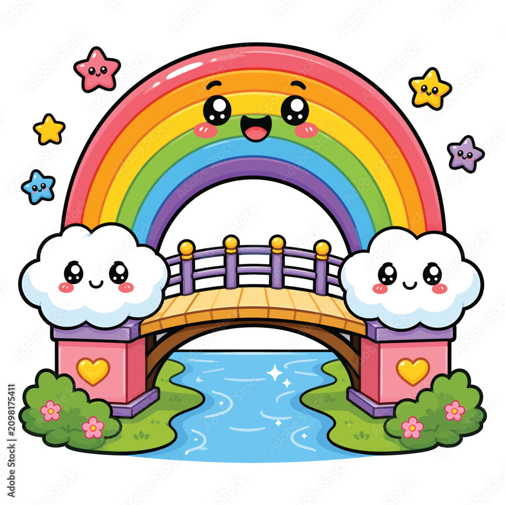 Obraz premium Cute Kawaii Rainbow Bridge Illustration with Happy Smiling Clouds and Sparkling River Landscape Cartoon Graphic