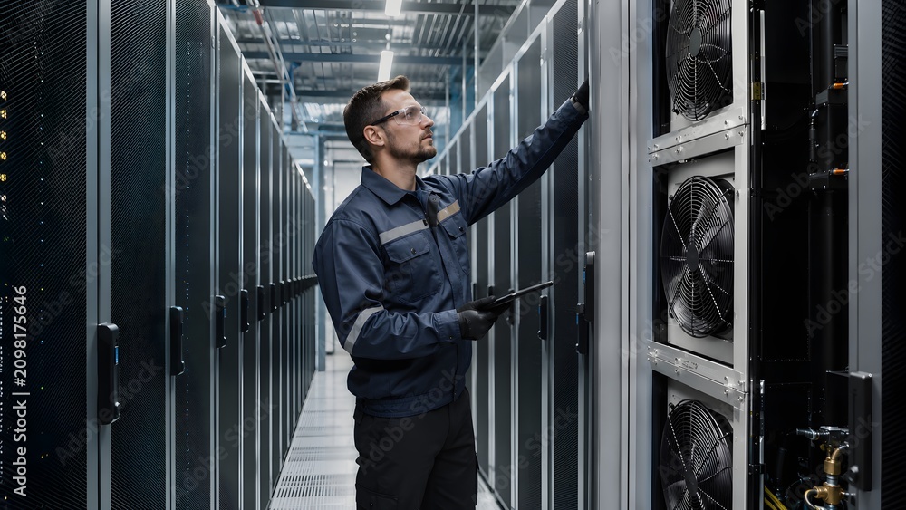 Fototapeta premium A man in a data center checking servers with a tablet in hand