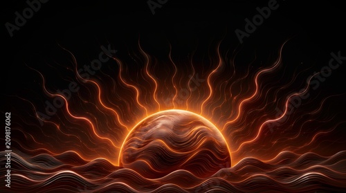 Glowing abstract sun rising over wavy ocean