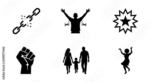 Freedom and Unity Icons: Broken Chains, Raised Hands, Family Silhouette, Fist, Celebration