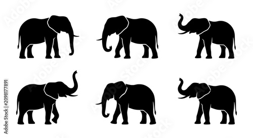 Konstfotografi Six Silhouette Elephants, African Wildlife Icons, Safari Animal Vector Set