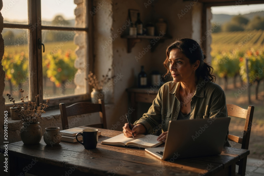 Obraz premium Woman writer notebook laptop rustic table vineyard sunset light contemplative mood, peaceful rural home office scene with warm cozy atmosphere and creative focus Remote work off-grid concept