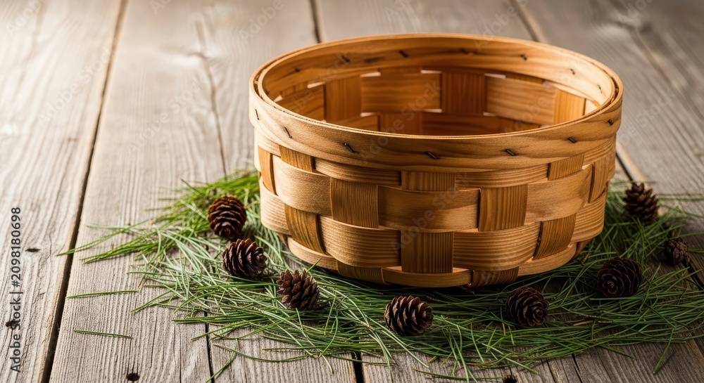 Obraz premium A rustic hand-woven basket crafted from natural pine wood sits on a weathered timber surface surrounded by scattered needles and pine cones, natural, home, background