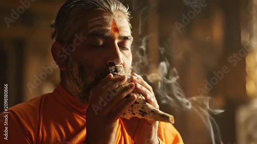 An Indian Hindu Priest Performing Sacred Conch Shell Ritual with Incense Smoke in Ancient Temple Setting for Spiritual Purification
