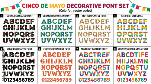 Vibrant Cinco de Mayo Decorative Vector Set features colorful font designs and festive elements for celebration decorations and party themes.