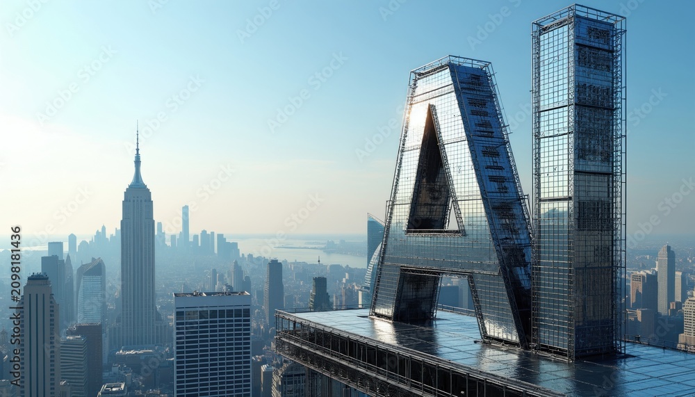 Obraz premium Modern skyscraper building shaped like letter Stands in center of big city skyline. Tall office tower facade with metal glass windows reflects bright sun light above urban downtown area. Huge