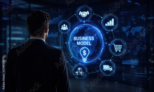 Business Professional Analyzing Global Business Models and Data Visualizations in a Modern Office Environment Quark.