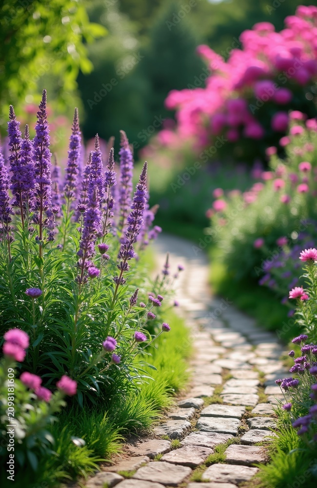 Obraz premium Stone path winds through blooming summer garden with tall purple flowers. Green plants grow along paved walkway in scenic backyard. Natural sunlight illuminates beautiful floral landscape park.