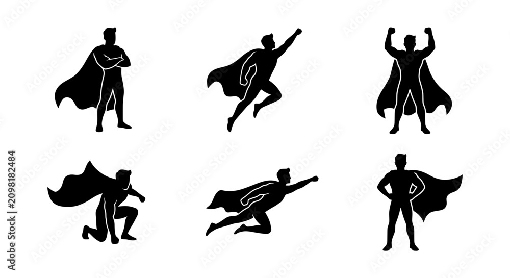 Fototapeta premium Superhero Silhouettes Collection: Dynamic Poses, Vector Icons for Power and Strength