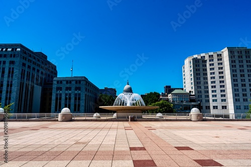 View of the area around the state of Wisconsin’s capitol building and Monona Terrace in downtown Madison, WI