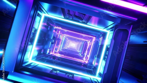 Vibrant futuristic tunnel with glowing neon geometric patterns and perspective.