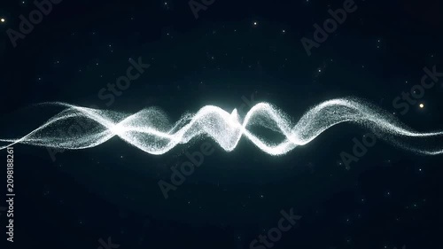 Glowing abstract waveform pulse on dark cosmic background with stars.